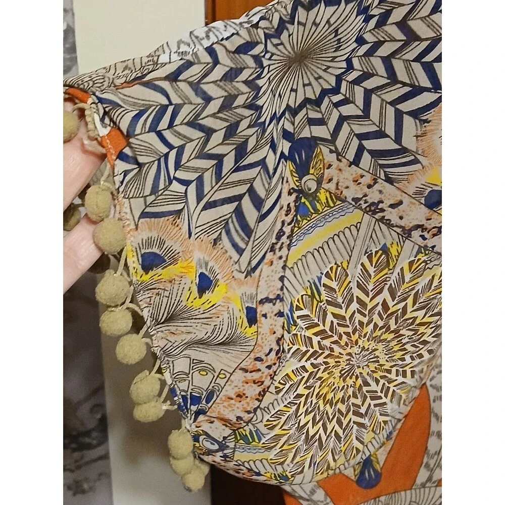 Umgee  Boho Feather Print Cover up with pompom sleeves S/M   NWOT - Picture 5 of 11